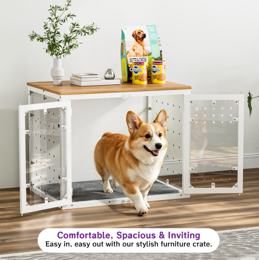 POAO 31.5''Dog Crate Furniture for Medium Large Dogs(20-40 lb), Decorative Dog Kennel with Acrylic Window Washable Mat, Escape-Proof Chew-Proof Anxiety Relief Dog Cage