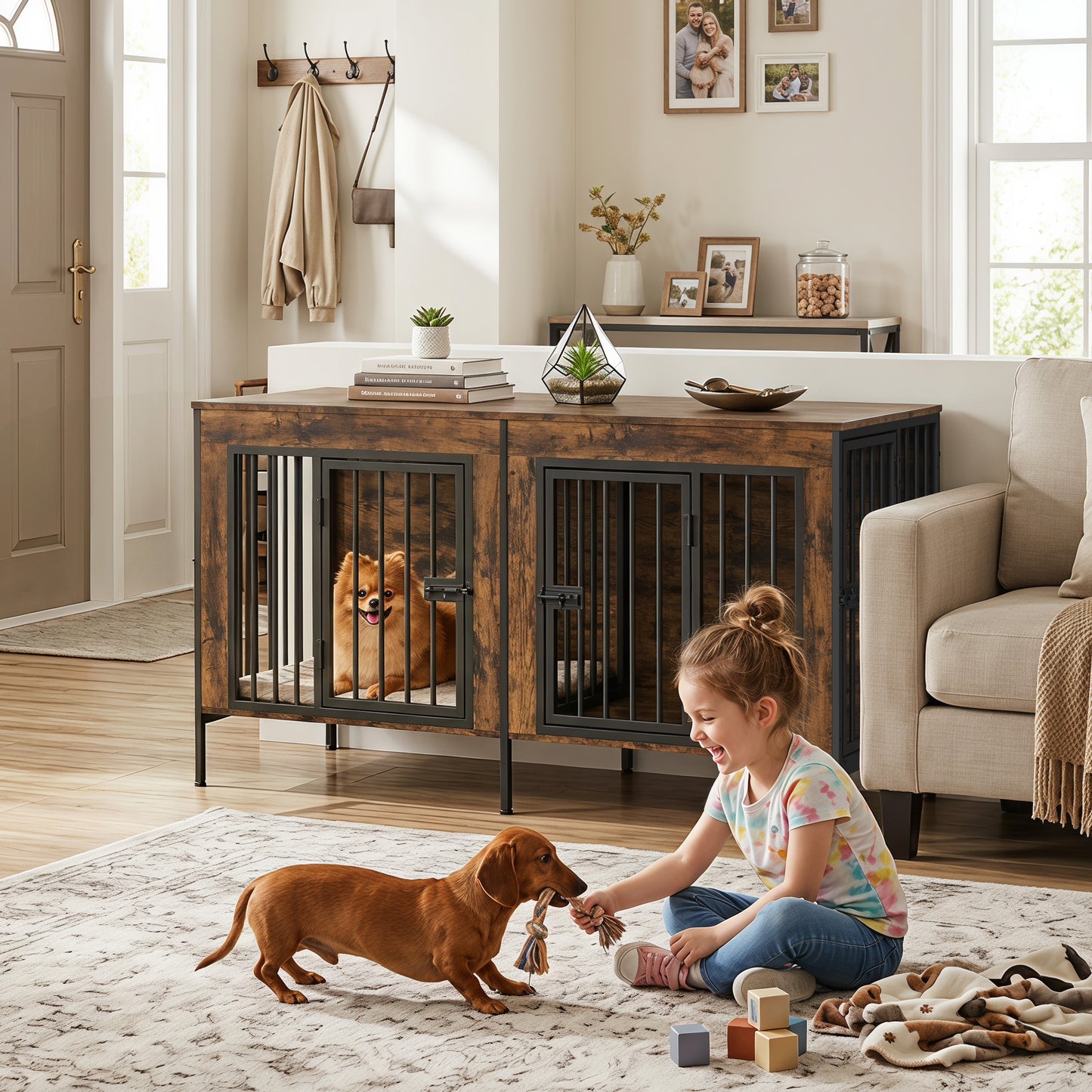 55" Double Dog Crate Furniture for Small to Medium Dogs (1–2 Dogs), Heavy Duty Wooden Kennel with Removable Divider & Raised Legs, Multi-Functional Indoor Pet Cage – TV/Plant/Display Stand, Brown