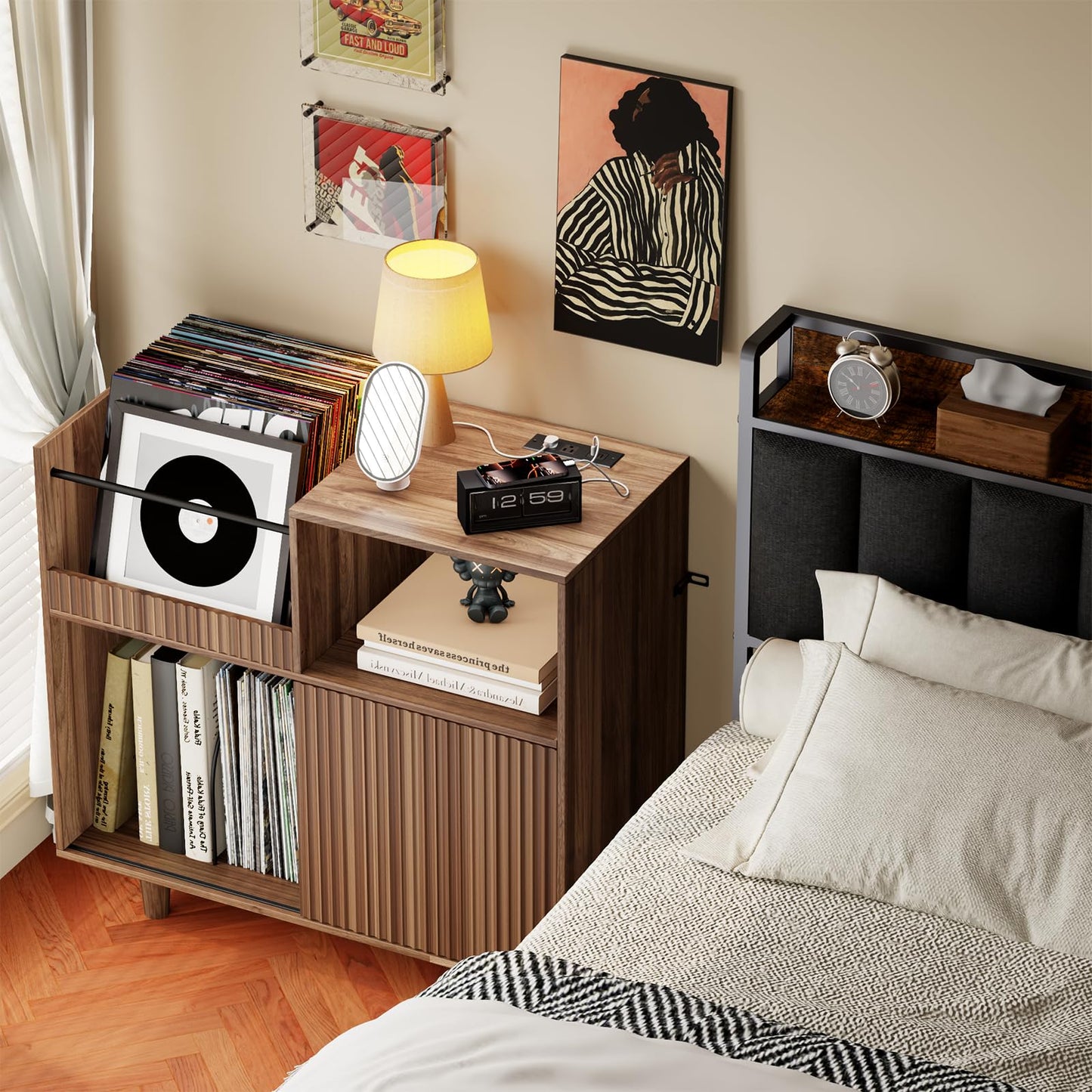 POAO 55" Record Player Stand with Power Outlets & LED Lights, Record Player Table Cabinet with Vinyl Record Storage for 500 Albums, Turntable Stand