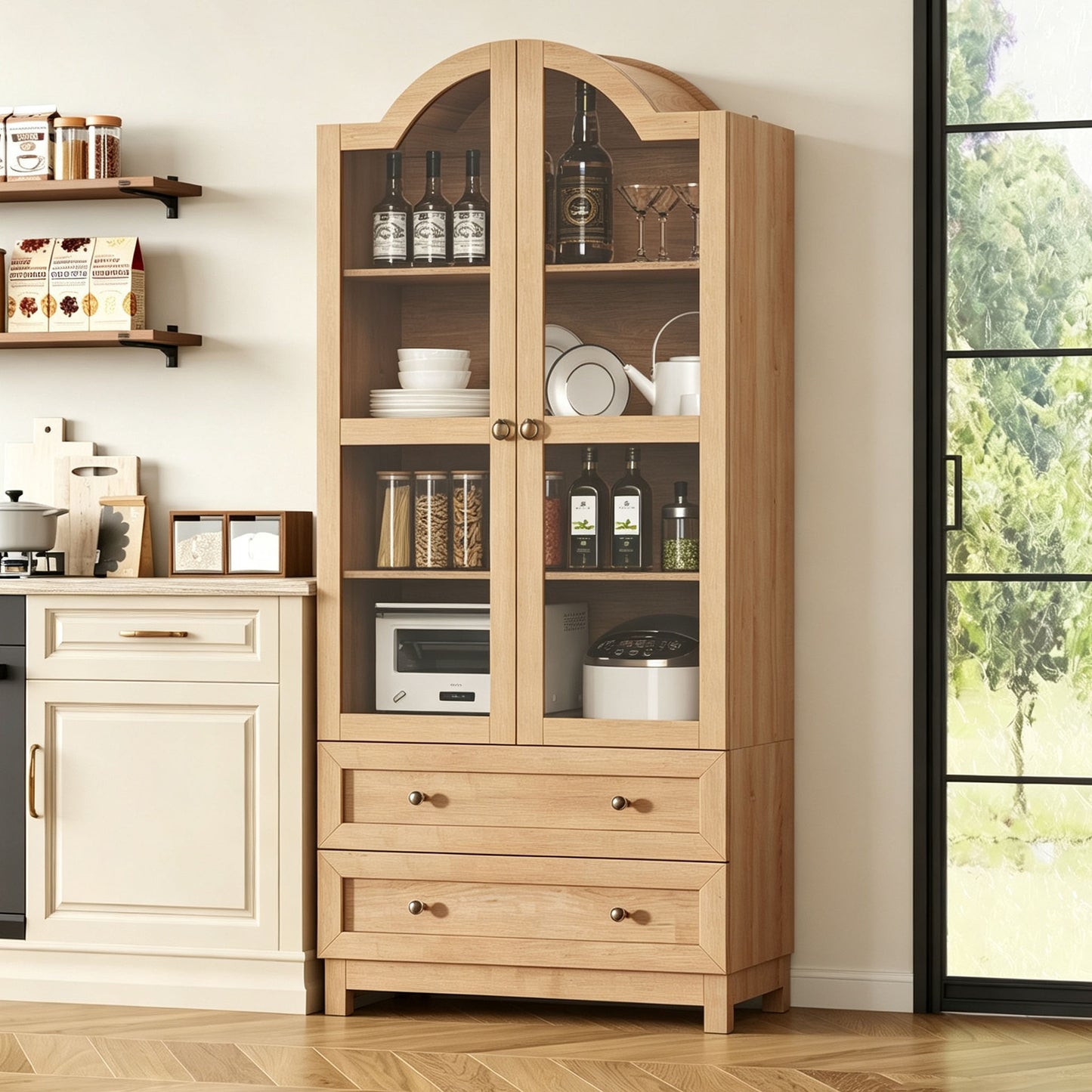 Amlancher 71" Tall Arched Farmhouse Pantry Cabinet, Wood Kitchen Storage with 2 Large Drawers, 4-Tier Adjustable Shelves, Magnetic Doors
