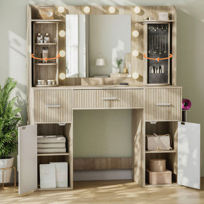Amlancher Makeup Vanity Desk with Lighted Mirror and Rotating Jewelry Organizer, Bedroom Dressing Table with Charging Station