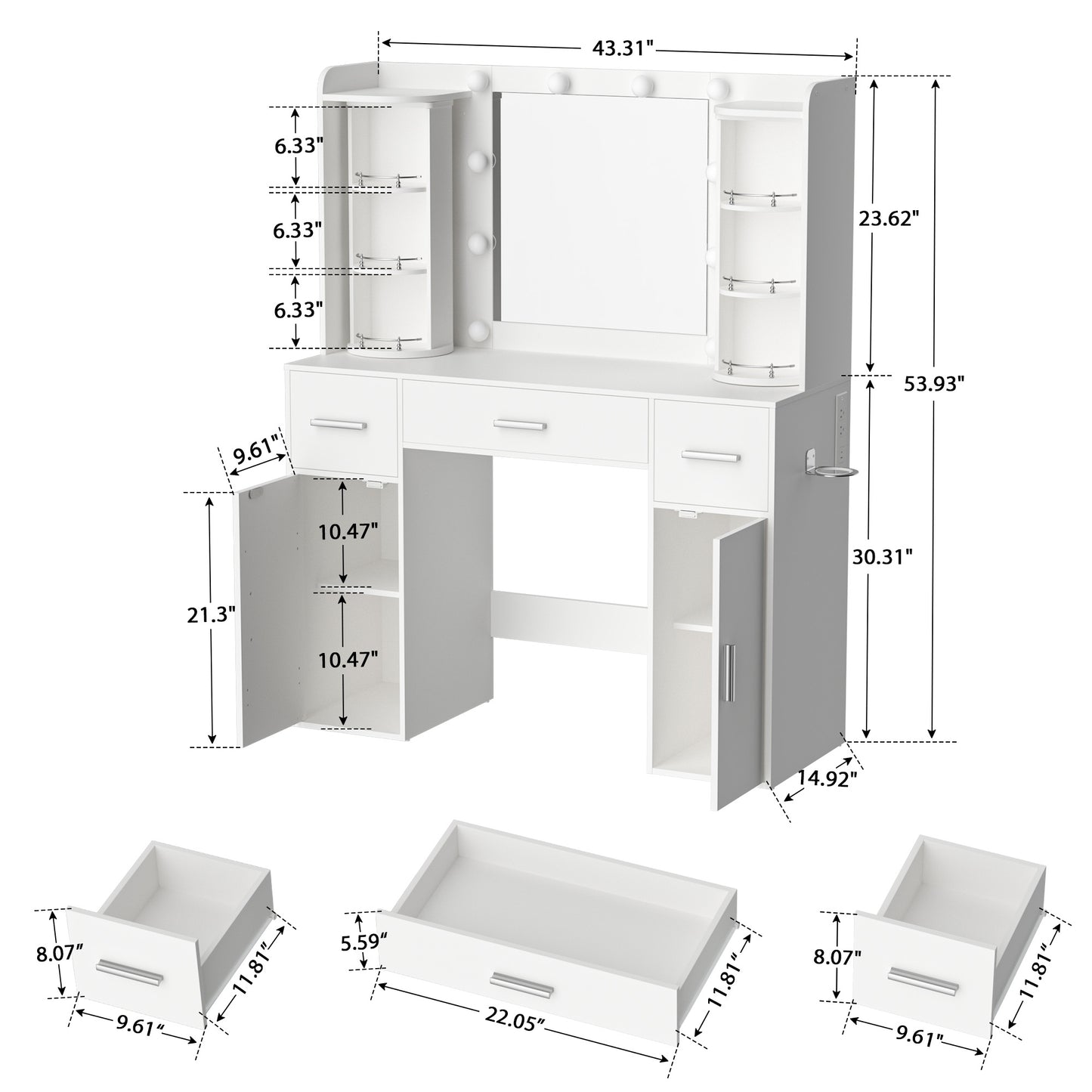 Amlancher Makeup Vanity Desk with Lighted Mirror and Rotating Jewelry Organizer, Bedroom Dressing Table with Charging Station