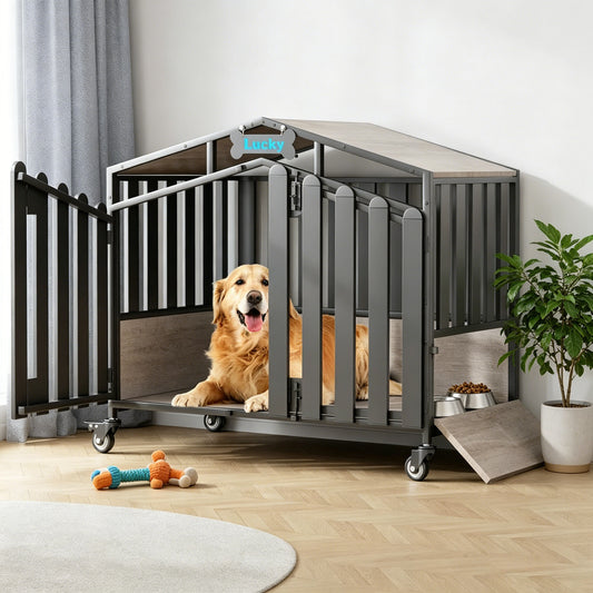 Amlancher Dog Crate Furniture, Heavy Duty Wooden Dog Kennel Indoor with 360° Wheels & Feeding Window, Elevated Roof Cabin Style Dog House for Large Dogs