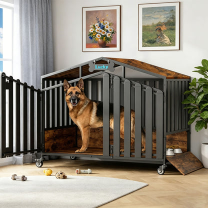Amlancher Dog Crate Furniture, Heavy Duty Wooden Dog Kennel Indoor with 360° Wheels & Feeding Window, Elevated Roof Cabin Style Dog House for Large Dogs