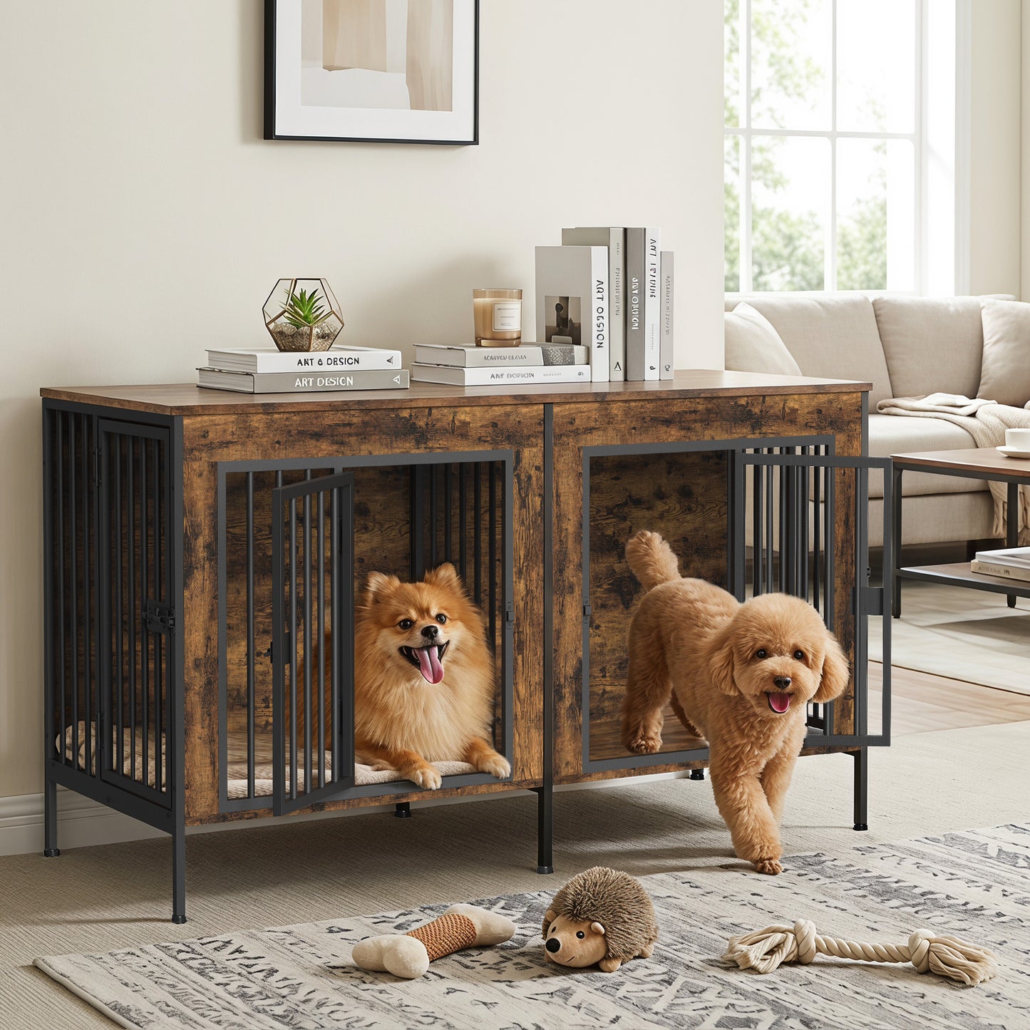 55" Double Dog Crate Furniture for Small to Medium Dogs (1–2 Dogs), Heavy Duty Wooden Kennel with Removable Divider & Raised Legs, Multi-Functional Indoor Pet Cage – TV/Plant/Display Stand, Brown