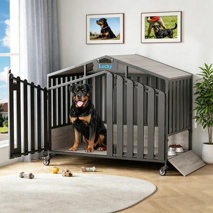 Amlancher Dog Crate Furniture, Heavy Duty Wooden Dog Kennel Indoor with 360° Wheels & Feeding Window, Elevated Roof Cabin Style Dog House for Large Dogs