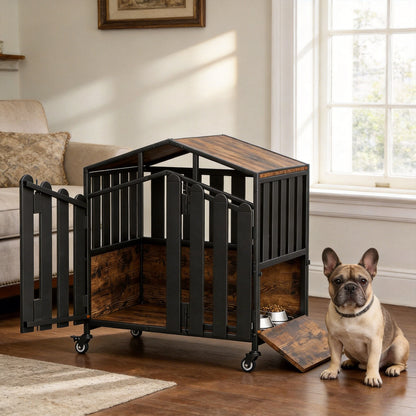 Amlancher Dog Crate Furniture, Heavy Duty Wooden Dog Kennel Indoor with 360° Wheels & Feeding Window, Elevated Roof Cabin Style Dog House for Large Dogs