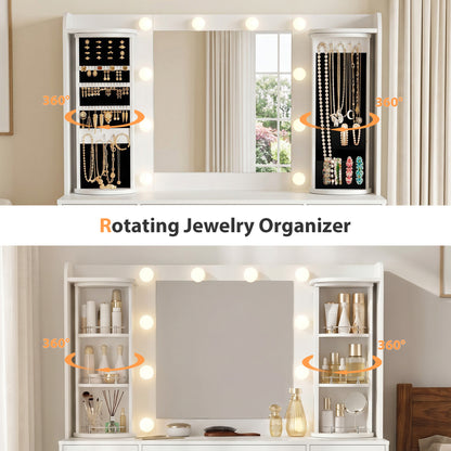 Amlancher Makeup Vanity Desk with Lighted Mirror and Rotating Jewelry Organizer, Bedroom Dressing Table with Charging Station
