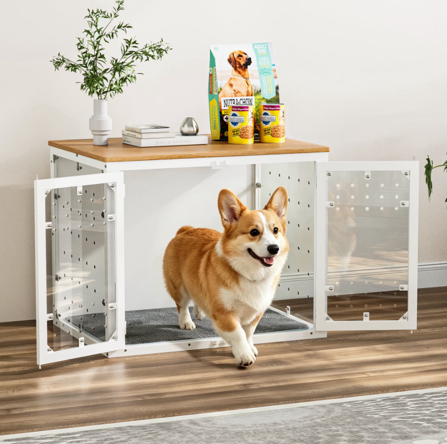 POAO 31.5''Dog Crate Furniture for Medium Large Dogs(20-40 lb), Decorative Dog Kennel with Acrylic Window Washable Mat, Escape-Proof Chew-Proof Anxiety Relief Dog Cage