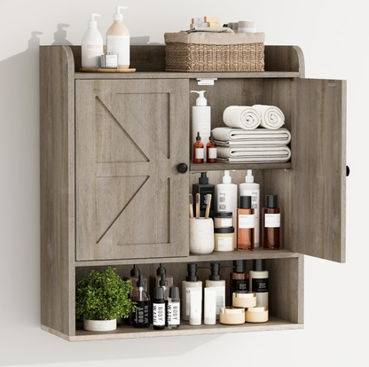 POAO Bathroom Wall Storage Cabinet, Wooden Medicine Cabinet with Adjustable Shelves and Double Barn Doors, Over The Toilet Storage Cabinet,White