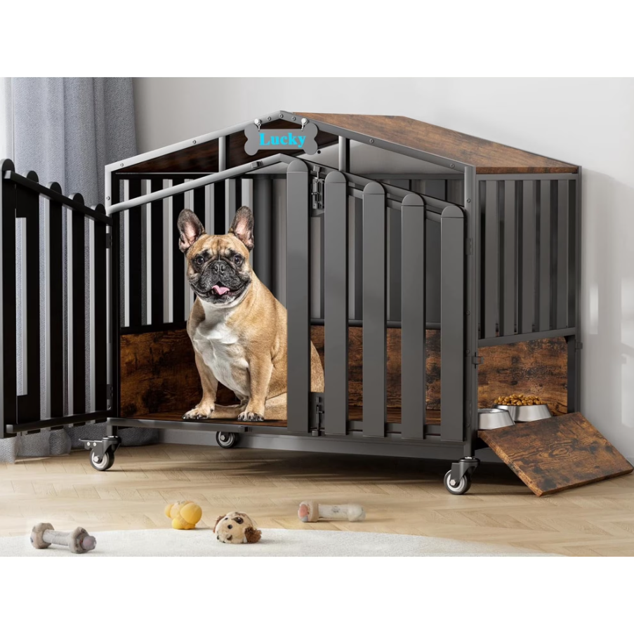 POAO Heavy Duty Dog Crate Furniture with 360°Wheels,Dog Kennel Indoor for Small Dogs,Wooden Dog Cage with Feeding Window &Name Tag