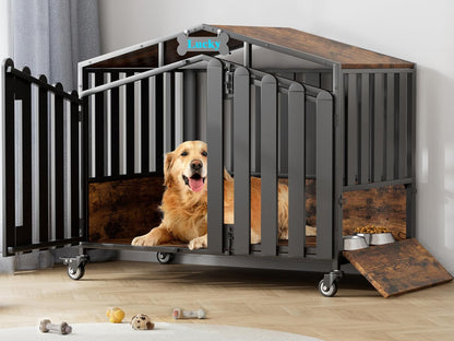 Amlancher Dog Crate Furniture, Heavy Duty Wooden Dog Kennel Indoor with 360° Wheels & Feeding Window, Elevated Roof Cabin Style Dog House for Large Dogs