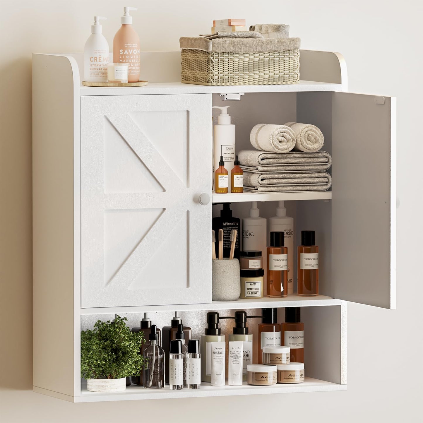 POAO Bathroom Wall Storage Cabinet, Wooden Medicine Cabinet with Adjustable Shelves and Double Barn Doors, Over The Toilet Storage Cabinet,White