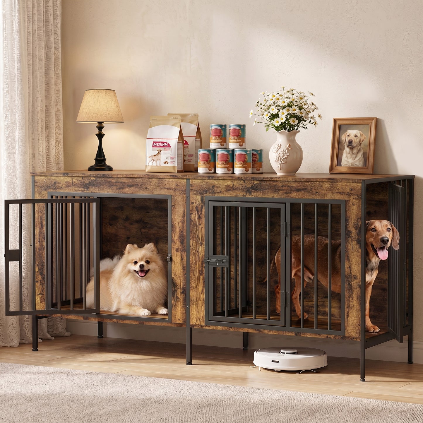 55" Double Dog Crate Furniture for Small to Medium Dogs (1–2 Dogs), Heavy Duty Wooden Kennel with Removable Divider & Raised Legs, Multi-Functional Indoor Pet Cage – TV/Plant/Display Stand, Brown