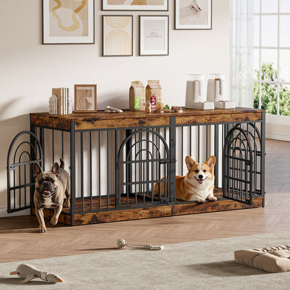 Amlancher Dog Crate Furniture for 2 Small Dogs, Heavy Duty Wooden Kennel with Removable Divider & Retro Round Door