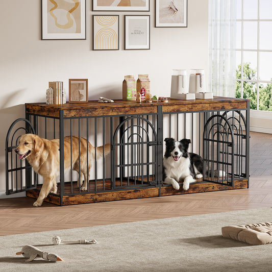 Amlancher Dog Crate Furniture for 2 Small Dogs, Heavy Duty Wooden Kennel with Removable Divider & Retro Round Door