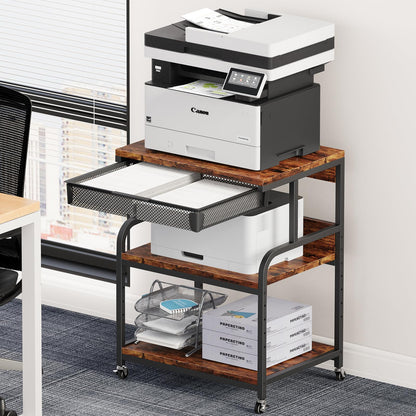 POAO Extra Large Printer Stand with Drawer, 5-Adjustable Heights 3 Tier Printer Table with Wheels, Rolling Printer Cart with Storage Shelf
