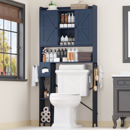 POAO 32"W Over the Toilet Storage Cabinet with Metal Frame and 7 Storage Shelves, Bathroom Organizer with Adjustable Shelves and Paper Holder, White