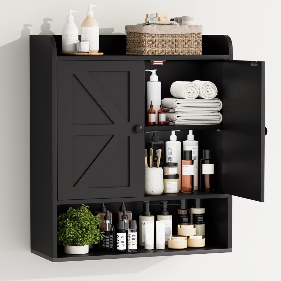 POAO Bathroom Wall Storage Cabinet, Wooden Medicine Cabinet with Adjustable Shelves and Double Barn Doors, Over The Toilet Storage Cabinet,White