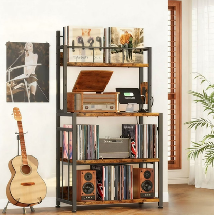 POAO Vinyl Record Stand Holds 300 Records,Record Player Stand with Vinyl Storage,Large Record Player Table with Power Outlet,Brown