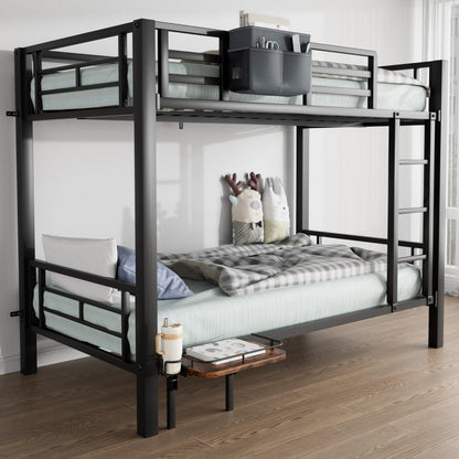 POAO Bunk Bed Twin Over Twin, Heavy Duty Metal Bunkbeds with High Guardraill, Convertible into 2 Individual Beds, Storage Bag & Desk Board, Under-Bed Storage Space, Noise Free, Black