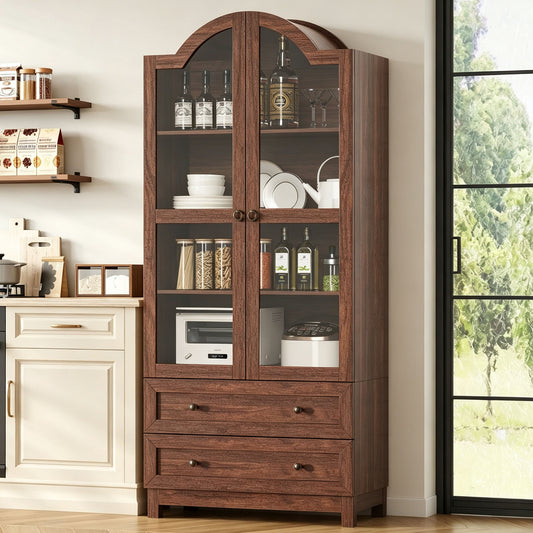 Amlancher 71" Tall Arched Farmhouse Pantry Cabinet, Wood Kitchen Storage with 2 Large Drawers, 4-Tier Adjustable Shelves, Magnetic Doors
