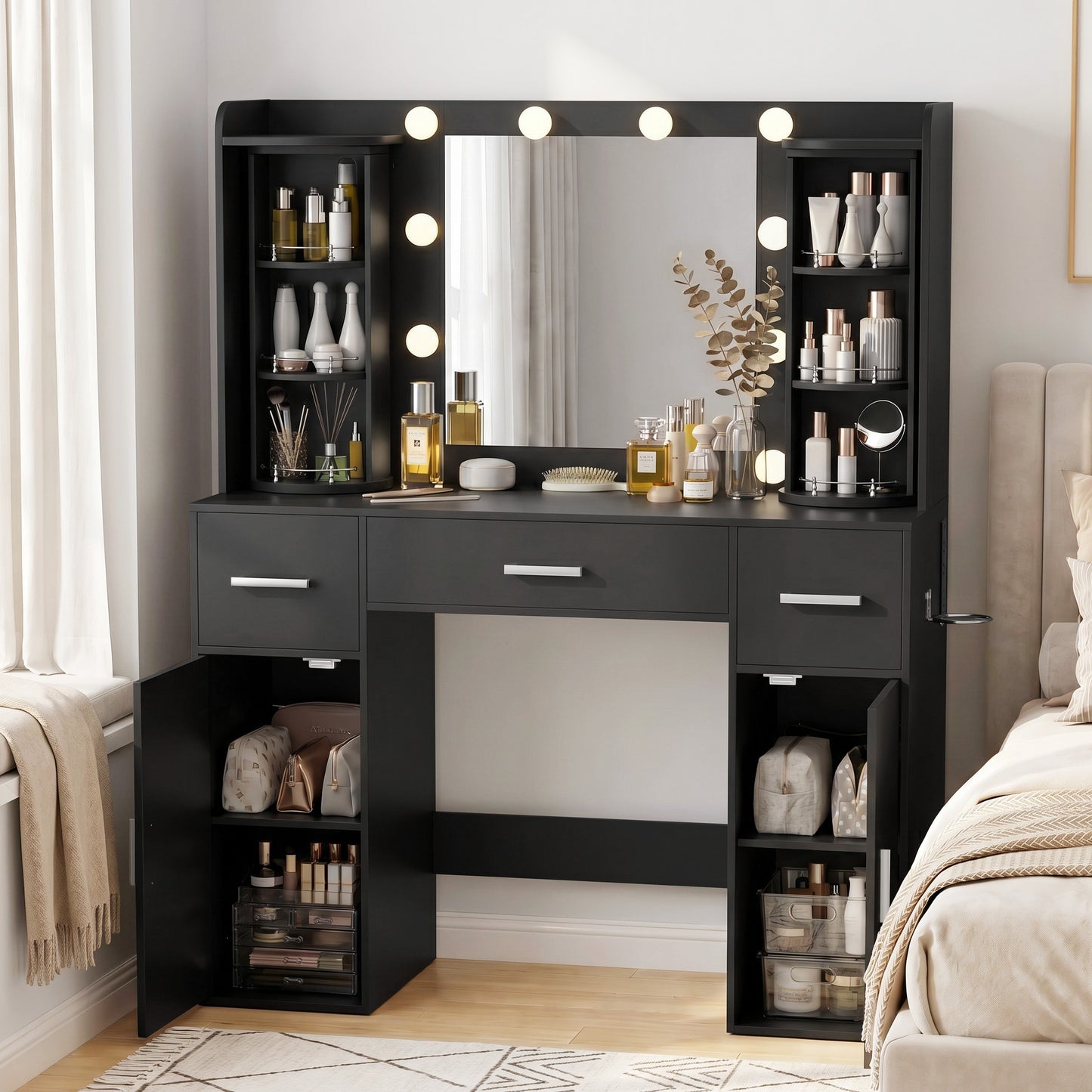Amlancher Makeup Vanity Desk with Lighted Mirror and Rotating Jewelry Organizer, Bedroom Dressing Table with Charging Station