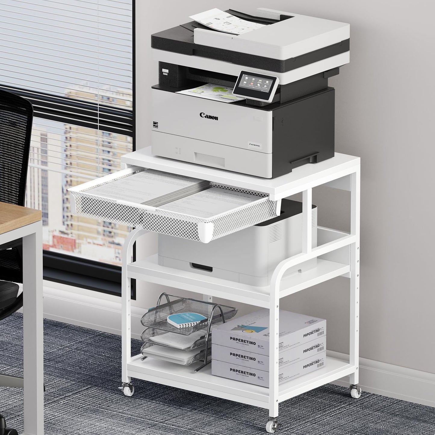 POAO Extra Large Printer Stand with Drawer, 5-Adjustable Heights 3 Tier Printer Table with Wheels, Rolling Printer Cart with Storage Shelf
