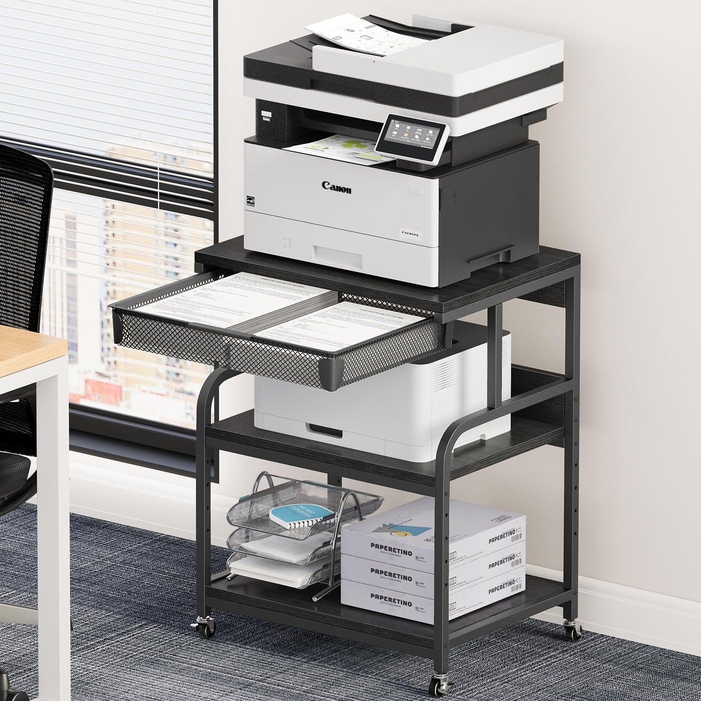 POAO Extra Large Printer Stand with Drawer, 5-Adjustable Heights 3 Tier Printer Table with Wheels, Rolling Printer Cart with Storage Shelf