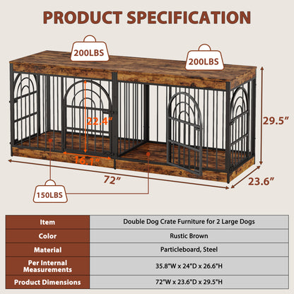 Amlancher Dog Crate Furniture for 2 Small Dogs, Heavy Duty Wooden Kennel with Removable Divider & Retro Round Door