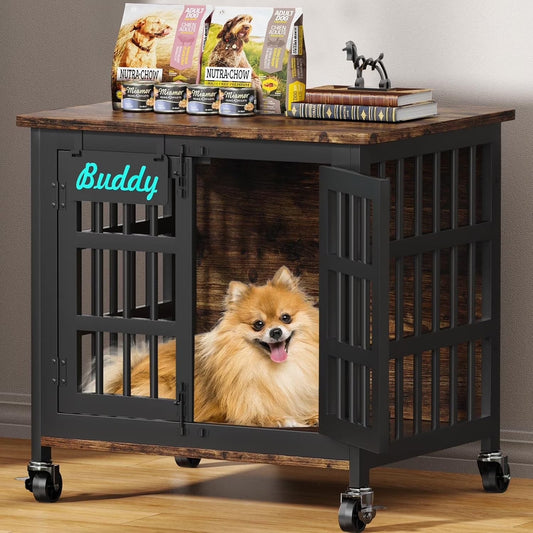 POAO Dog Crate Furniture with Name Tag,Heavy Duty Dog Kennel Indoor for Small Dogs,Double-Door Sturdy Furniture Style End Table for Anxiety Dog