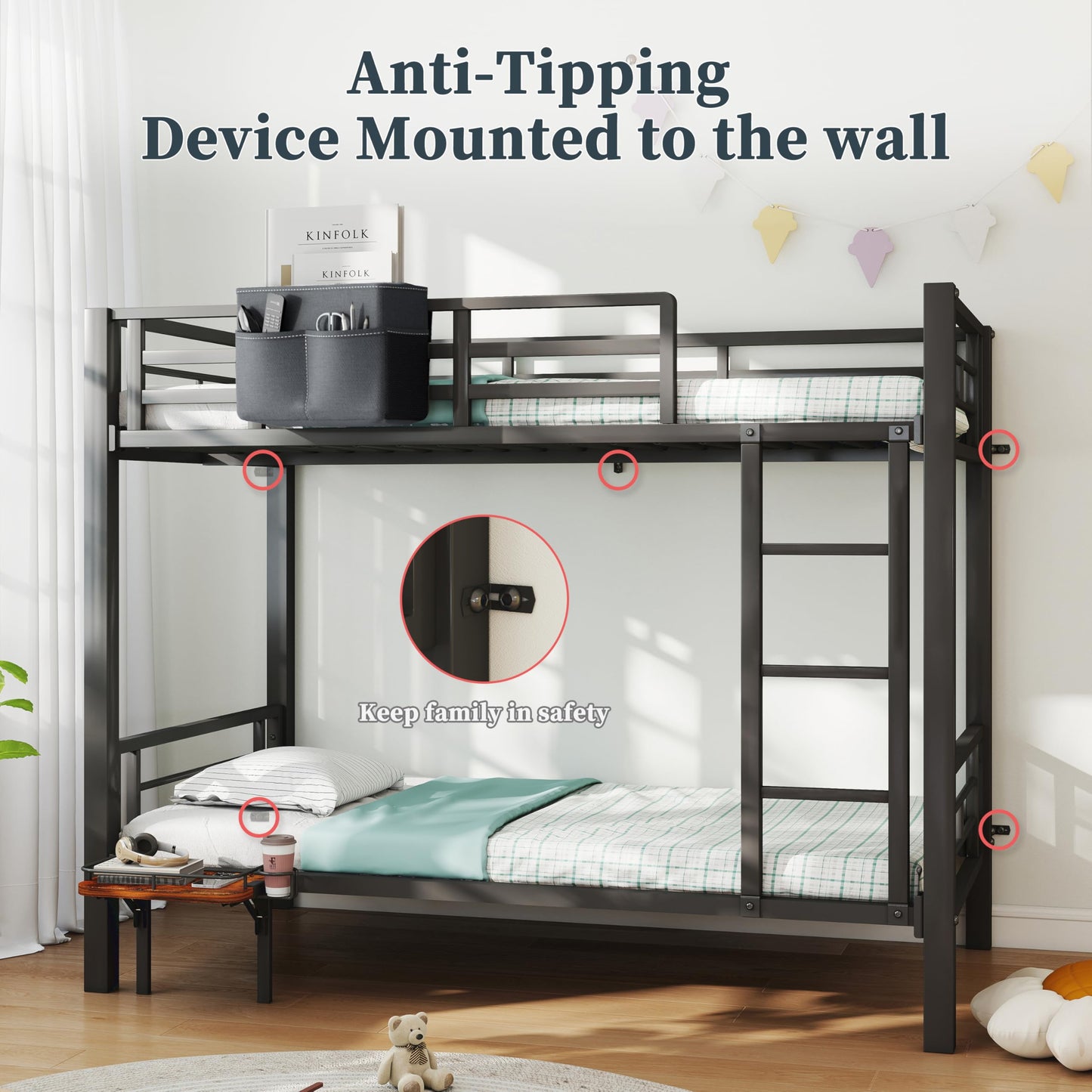 POAO Bunk Bed Twin Over Twin, Heavy Duty Metal Bunkbeds with High Guardraill, Convertible into 2 Individual Beds, Storage Bag & Desk Board, Under-Bed Storage Space, Noise Free, Black