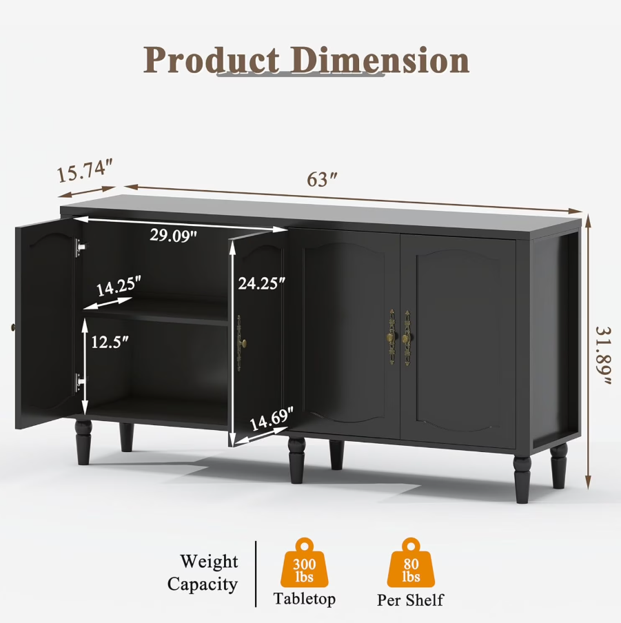 POAO 63" Sideboard Buffet Cabinet with Storage, Adjustable Shelf & 4 Doors Credenza,Mid Century Modern Sideboard for Dining Room Living Room Black