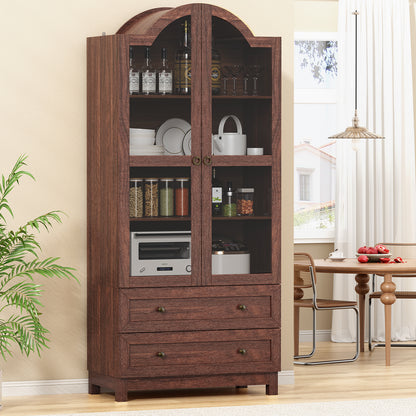 Amlancher 71" Tall Arched Farmhouse Pantry Cabinet, Wood Kitchen Storage with 2 Large Drawers, 4-Tier Adjustable Shelves, Magnetic Doors