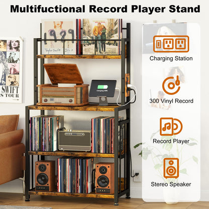 POAO Vinyl Record Stand Holds 300 Records,Record Player Stand with Vinyl Storage,Large Record Player Table with Power Outlet,Brown