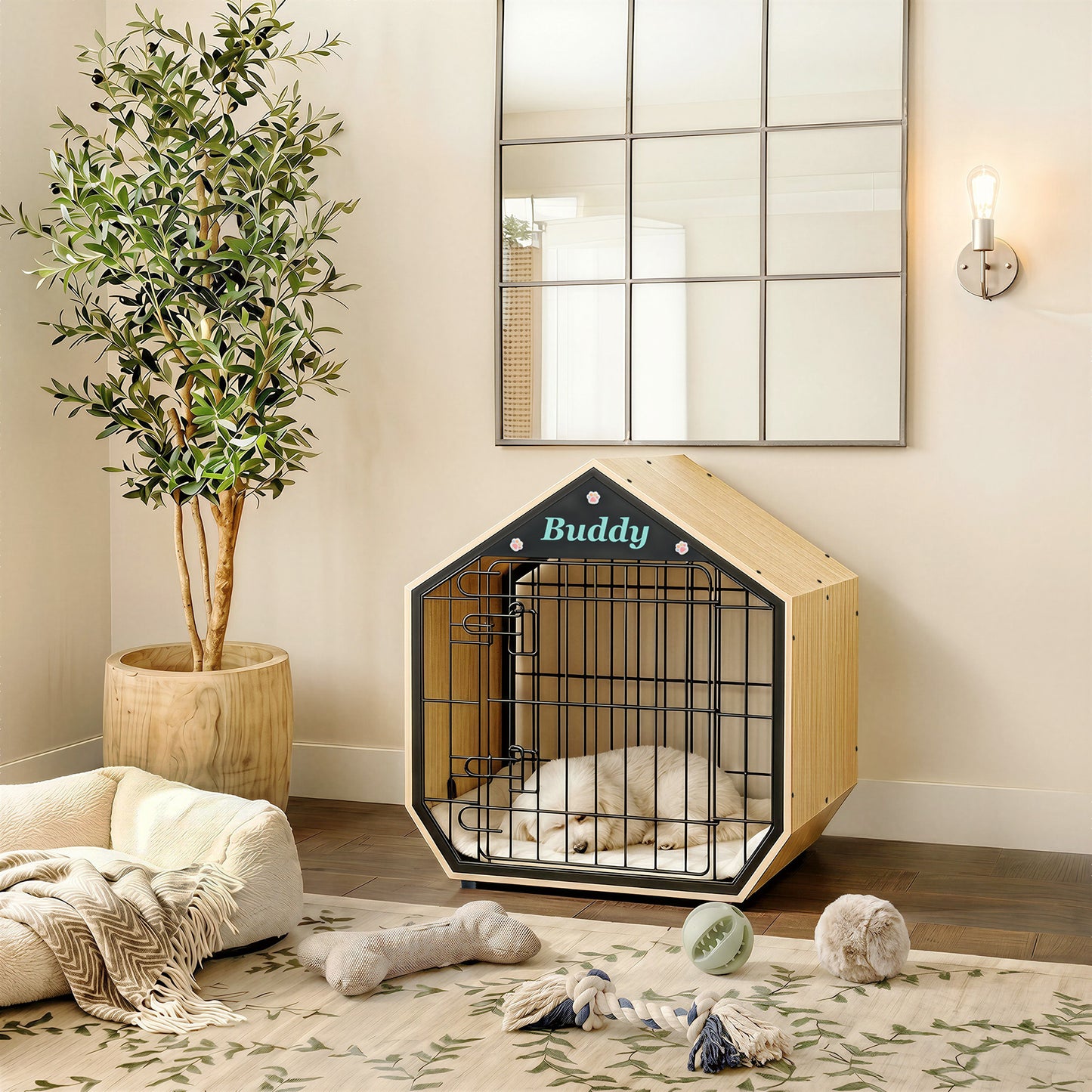 Amlancher 25.5" Wooden House-Shaped Dog Crate, Indoor Furniture Style Kennel for Small Breeds up to 30 lbs