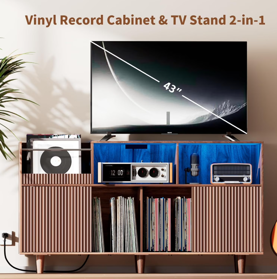 POAO 55" Record Player Stand with Power Outlets & LED Lights, Record Player Table Cabinet with Vinyl Record Storage for 500 Albums, Turntable Stand