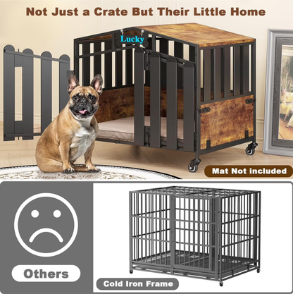 POAO Heavy Duty Dog Crate Furniture with 360°Wheels,Dog Kennel Indoor for Small Dogs,Wooden Dog Cage with Feeding Window &Name Tag