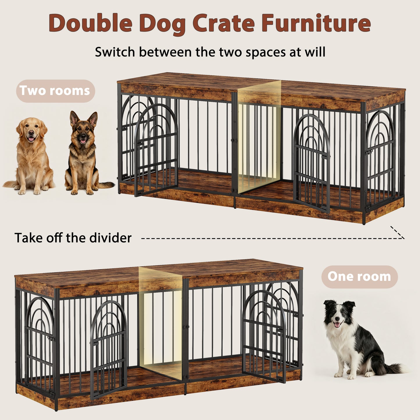 Amlancher Dog Crate Furniture for 2 Small Dogs, Heavy Duty Wooden Kennel with Removable Divider & Retro Round Door