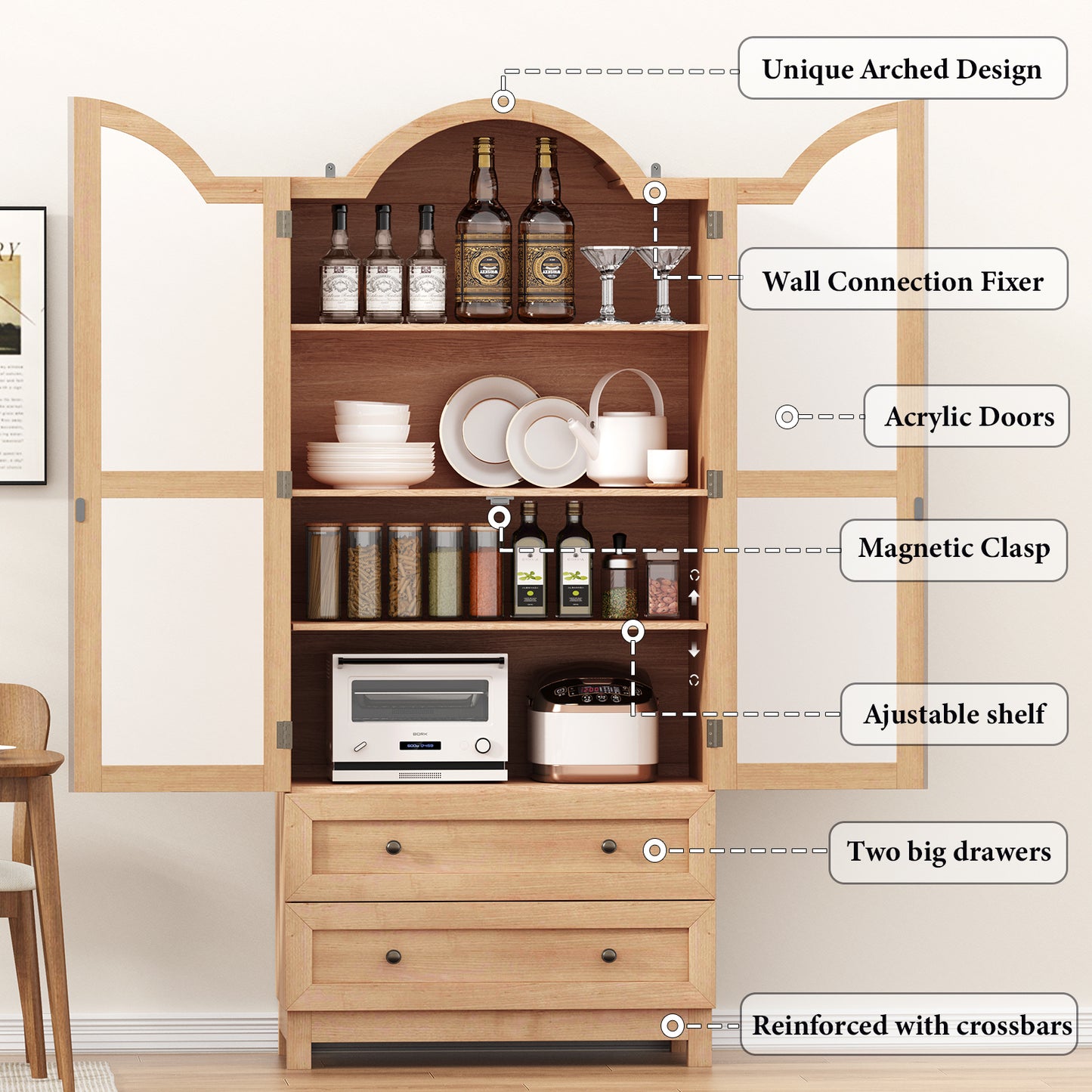 Amlancher 71" Tall Arched Farmhouse Pantry Cabinet, Wood Kitchen Storage with 2 Large Drawers, 4-Tier Adjustable Shelves, Magnetic Doors