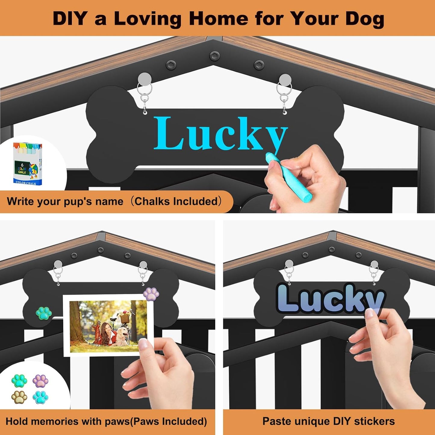 Amlancher Dog Crate Furniture, Heavy Duty Wooden Dog Kennel Indoor with 360° Wheels & Feeding Window, Elevated Roof Cabin Style Dog House for Large Dogs