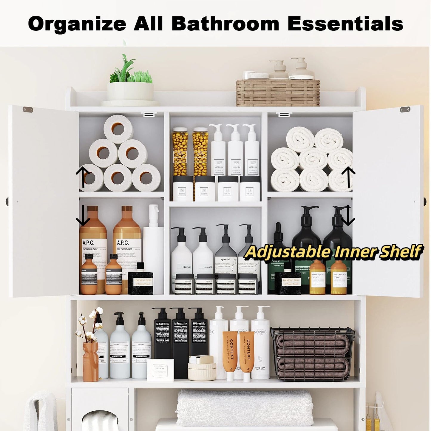 POAO 32"W Over the Toilet Storage Cabinet with Metal Frame and 7 Storage Shelves, Bathroom Organizer with Adjustable Shelves and Paper Holder, White