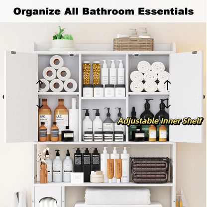 POAO 32"W Over the Toilet Storage Cabinet with Metal Frame and 7 Storage Shelves, Bathroom Organizer with Adjustable Shelves and Paper Holder, White