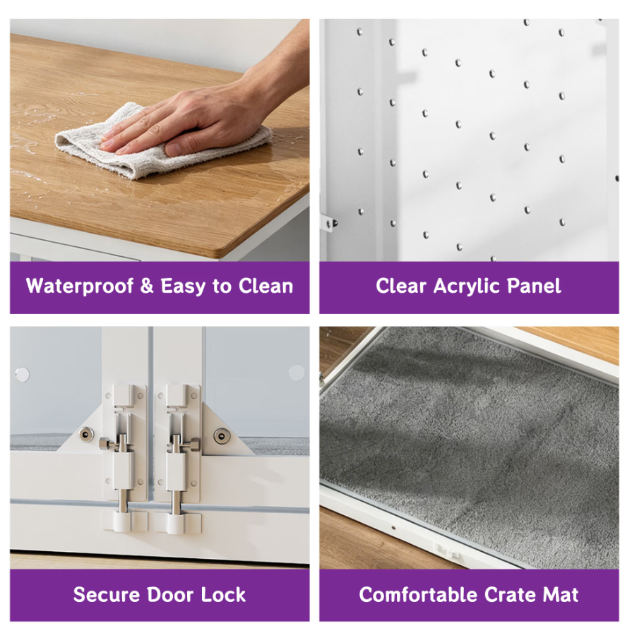 POAO 31.5''Dog Crate Furniture for Medium Large Dogs(20-40 lb), Decorative Dog Kennel with Acrylic Window Washable Mat, Escape-Proof Chew-Proof Anxiety Relief Dog Cage