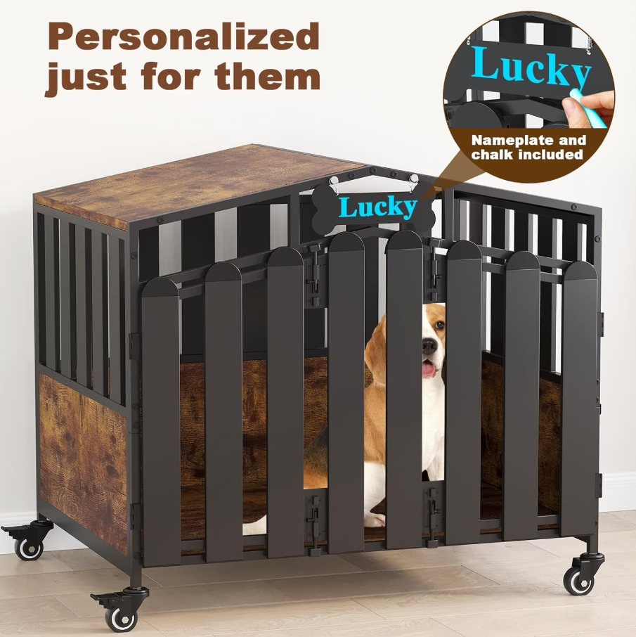 POAO Heavy Duty Dog Crate Furniture with 360°Wheels,Dog Kennel Indoor for Small Dogs,Wooden Dog Cage with Feeding Window &Name Tag