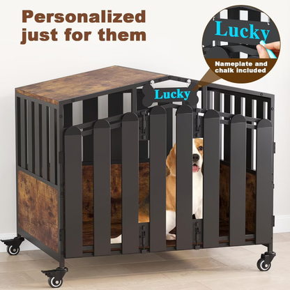 POAO Heavy Duty Dog Crate Furniture with 360°Wheels,Dog Kennel Indoor for Small Dogs,Wooden Dog Cage with Feeding Window &Name Tag