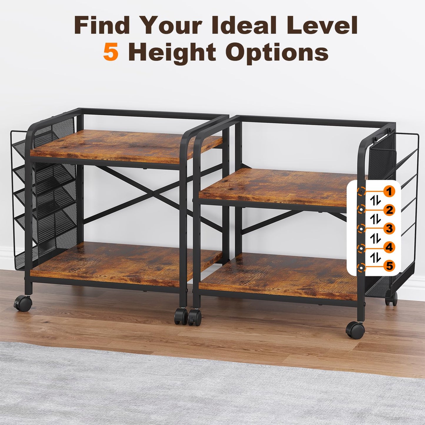 POAO Large Printer Stand with File Holder Organizer,Adjustable Height Shelf with Wheels,Rolling Printer Cart with Storage for Home Office,Rustic Brown