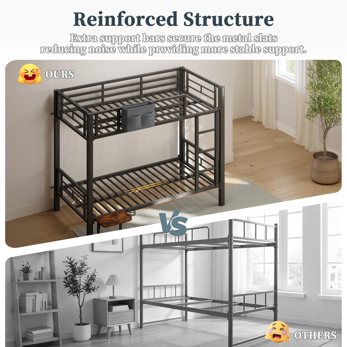 POAO Bunk Bed Twin Over Twin, Heavy Duty Metal Bunkbeds with High Guardraill, Convertible into 2 Individual Beds, Storage Bag & Desk Board, Under-Bed Storage Space, Noise Free, Black