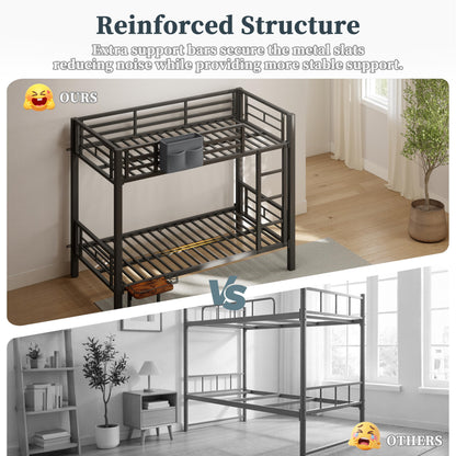 POAO Bunk Bed Twin Over Twin, Heavy Duty Metal Bunkbeds with High Guardraill, Convertible into 2 Individual Beds, Storage Bag & Desk Board, Under-Bed Storage Space, Noise Free, Black