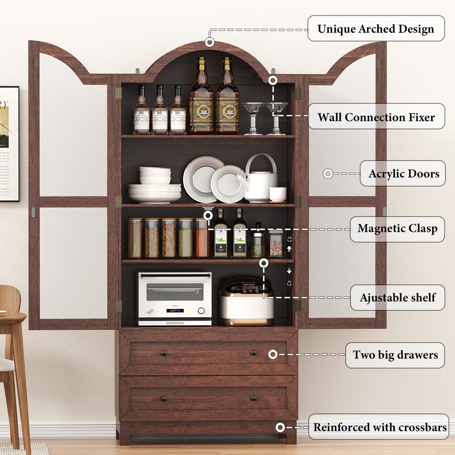 Amlancher 71" Tall Arched Farmhouse Pantry Cabinet, Wood Kitchen Storage with 2 Large Drawers, 4-Tier Adjustable Shelves, Magnetic Doors